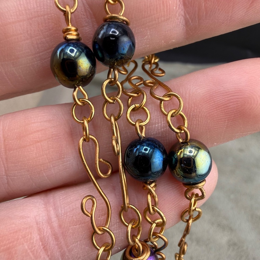 Girard Beaded Enamel Necklace Peacock Oil Slick‎ Gold Tone 21"
